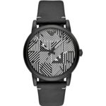 black luxury brand watch with black and white striped dial