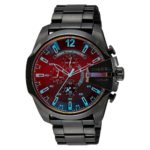 black sports watch with maroon dial and blue detailing