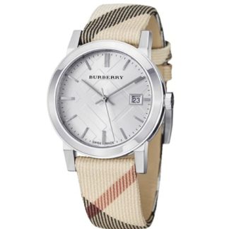 prabangus „Burberry“ moteriškas laikrodis su „Burberry“ dirželiu ir baltu ciferblatu su sidabro detalėmis
