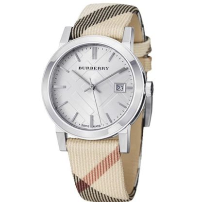 luxury Burberry women's watch with Burberry strap and white dial with silver details